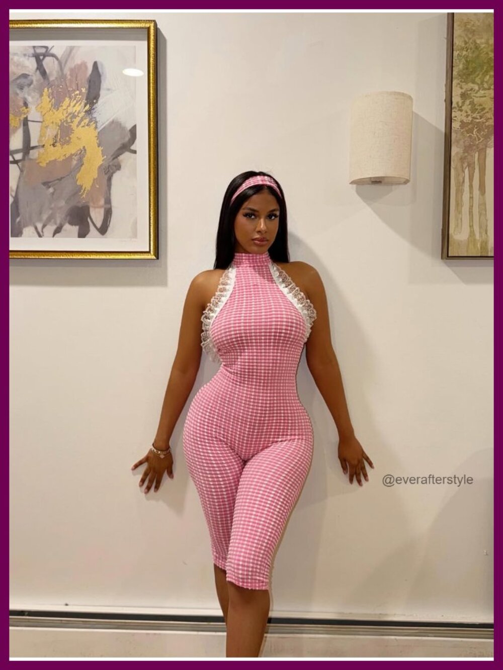 Women's Checkered Halter Jumpsuit Sleeveless Open Back Bodycon Romper - Picture 6 of 6